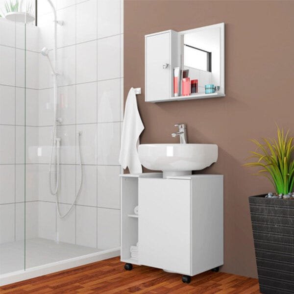 Gabinete Armário Banheiro Para Pia De Coluna com Espelheira Branco