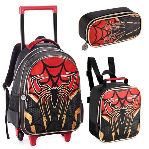 Kit Mochila Rodinhas Lancheira Estojo Duplo Homem Aranha Spider Dark Aranha Miles