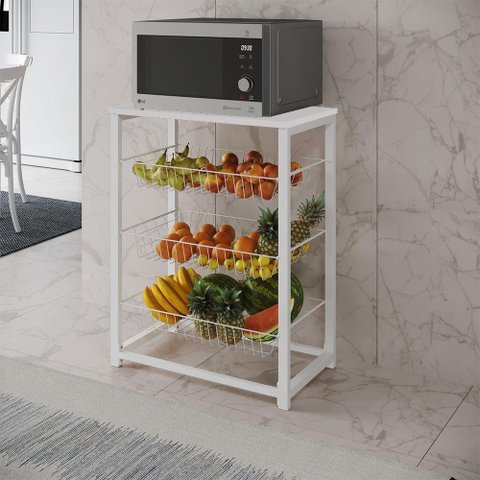 Fruteira com Suporte para Micro-ondas Barcelona Aço Branco Cesto Branco Tampo Branco - Cor: Marrom