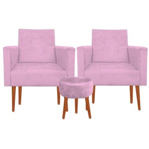 Kit 2 Poltrona Decorativa Nina e Puff Suede Rosa