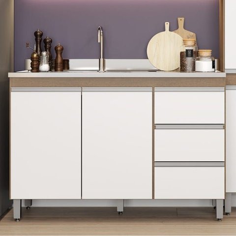 Balcão para Pia Cozinha Bela 02 Portas 03 Gavetas 120x82x52 Avelã/branco Tx 0449 - Clicklar