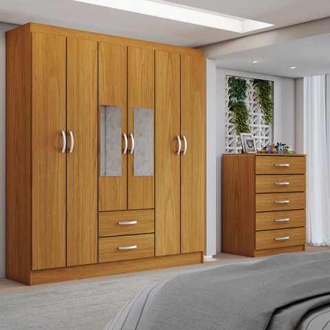 Guarda-roupa Casal Dominic 6 Portas 2 Gavetas e Espelho com Cômoda 5 Gavetas Cinamomo - Panorama Móv