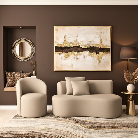 Conjunto 01 Poltrona + Sofá Curvo Orgânico Nature Gaia Veludo Bege - Montanaris Decor