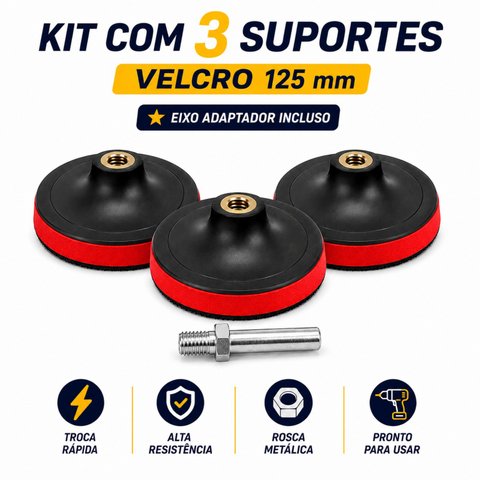 Kit 3 Suportes Disco Lixa Velcro 125mm + Eixo para Furadeira