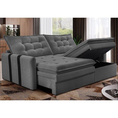 Sofá Baú sem Caixa Retrátil 2,00m Softgel Petit Boucle Cinza Escuro Cama Inbox