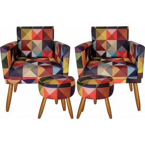 Kit 2 Poltronas Decorativas Nina e 2 Puff Triângulo Colorido