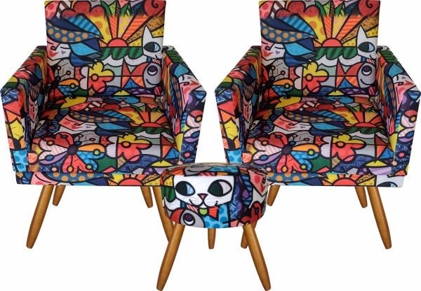 Kit 2 Poltronas Cadeira Decorativa Nina e Puff Romero Brito