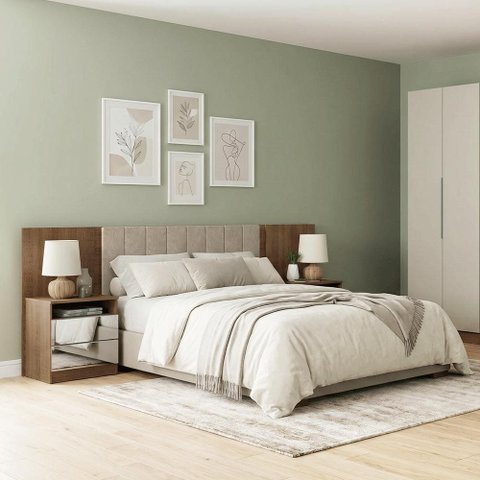 Cabeceira Extensível Estofada com 2 Mesas de Cabeceira Espelhadas Rustic/Imperial Madesa