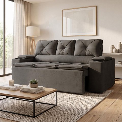 Sofá com Porta Copos Retrátil e Reclinável Siena 2,05m Velosuede - Netsofas - Cinza