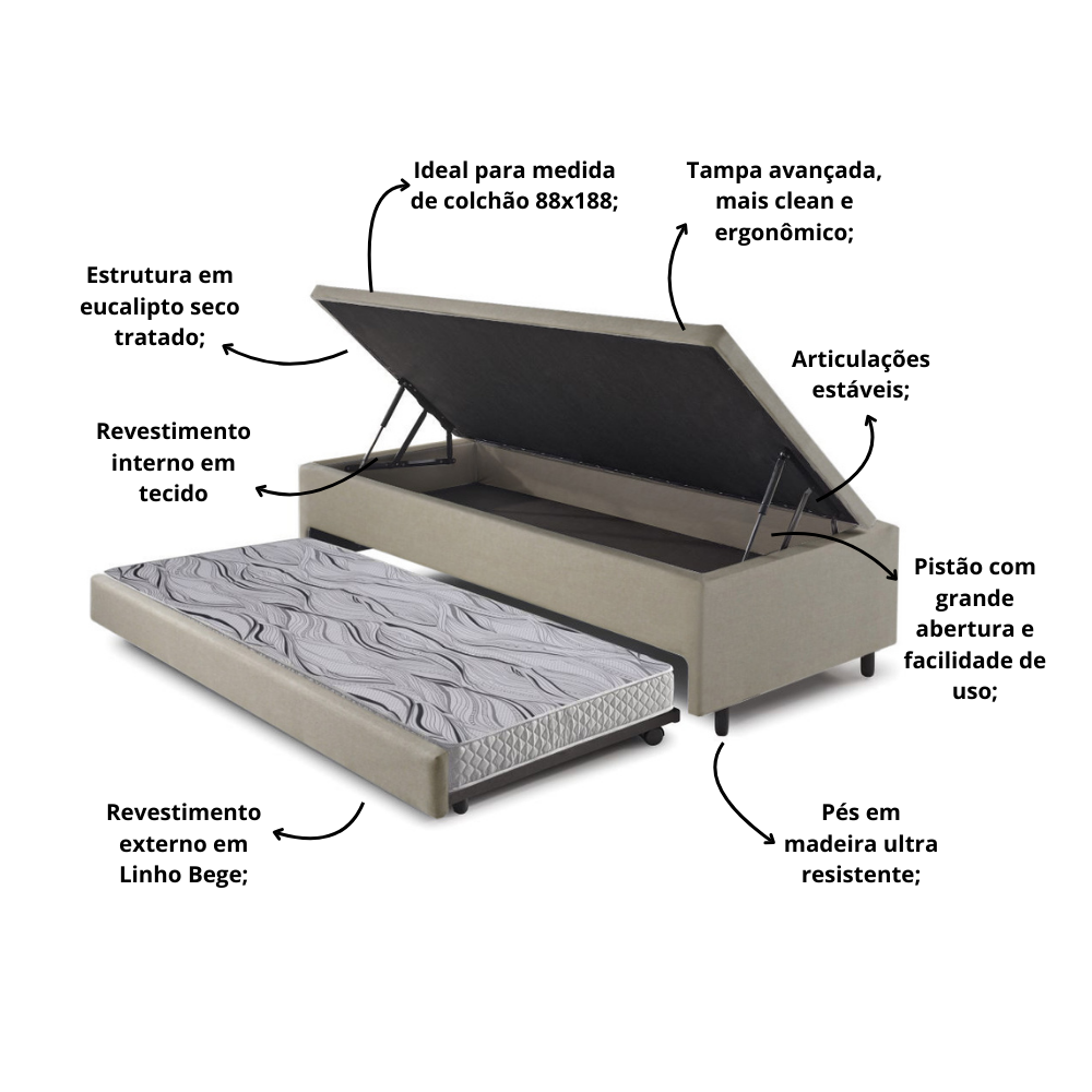 Bicama Box com Baú Solteiro 88x188 com Colchão Auxiliar Linho Bege - 7