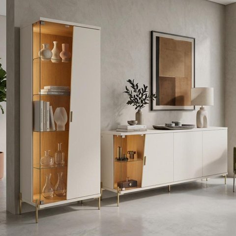Kit Aparador Buffet 182cm e Cristaleira 2 Portas Pés Industrial Dourado Mosele C04 Off White Matte
