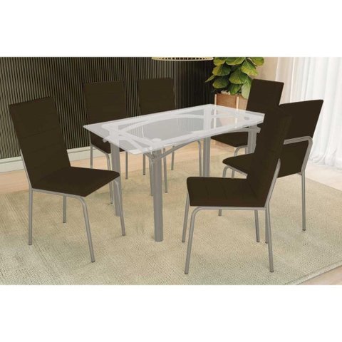Sala de Jantar Completa Elba C/ Tampo de Vidro 150cm e 6 Cadeiras Amsterdã Niquel - Courano Marrom