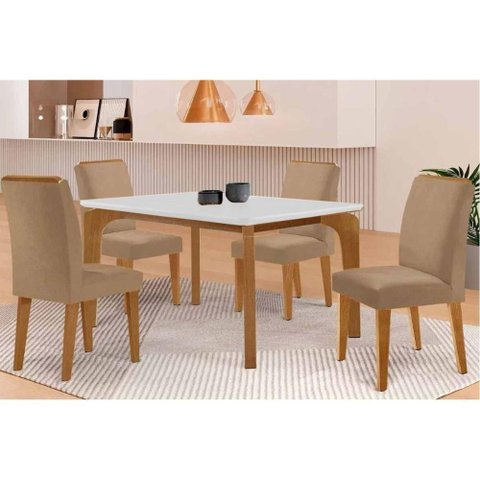 Sala Jantar Mesa Londrina Tampo C/ Vidro Curvo 120cm 4 Cadeiras Dakota Madeira Naturale/off White -