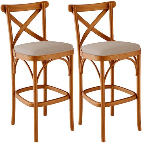 Kit 02 Banquetas Altas Cozinha Bancada Bar Sala Jantar Estofada Ávila L02 Linho Bege Escuro - Lyam L