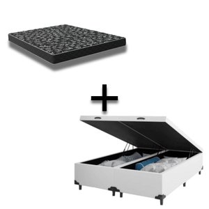 Cama Box Baú Casal 138 Bipartido Tecido Sintético Branco Com Colchão Espuma D20 - Tampo Preto Bello 