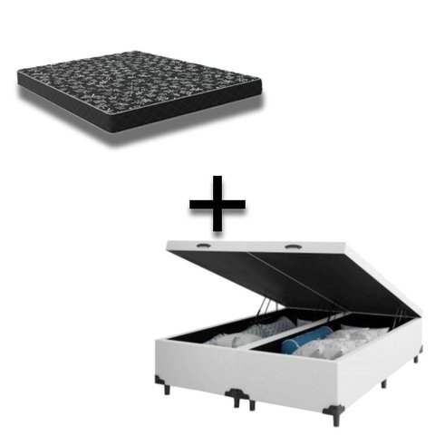 Cama Box Baú Casal 138 Bipartido Tecido Sintético Branco Com Colchão Espuma D20 - Tampo Preto Bello 