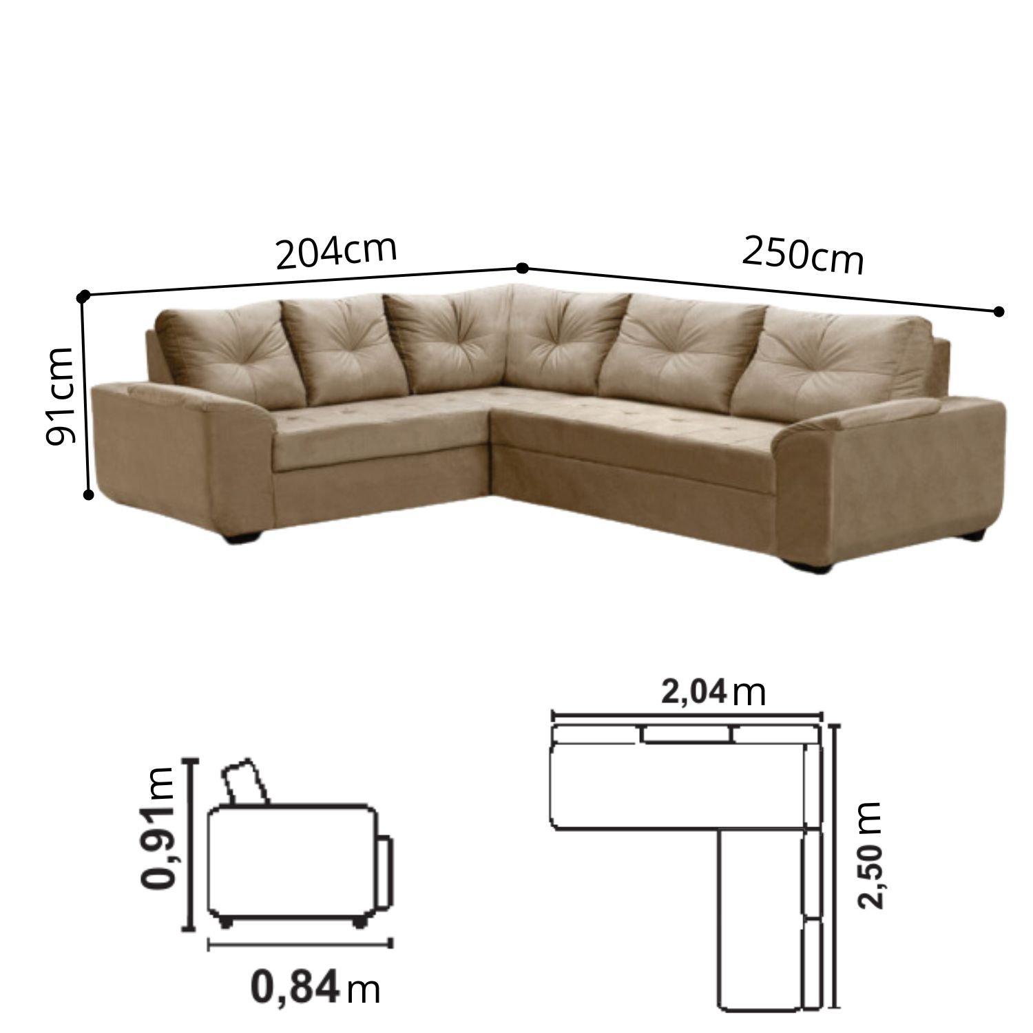 Sofá de Canto Mustang 5 Lugares Veludo Bege 204x250cm Megasul - 3