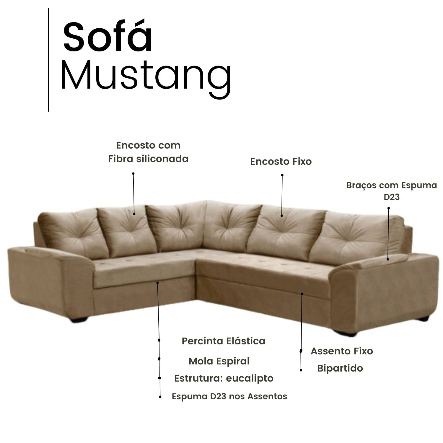 Sofá de Canto Mustang 5 Lugares Veludo Bege 204x250cm Megasul - 4