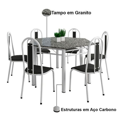 Conjunto de Cozinha 6 Cadeiras Mesa Retangular Tampo em Granito Deise  Artefamol