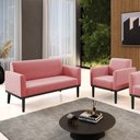 Ver imagem 2 de Conjunto Poltrona e Namoradeira Decorativa Isabella Pés Fixo em Madeira Preto Suede Rose G19 - Gran