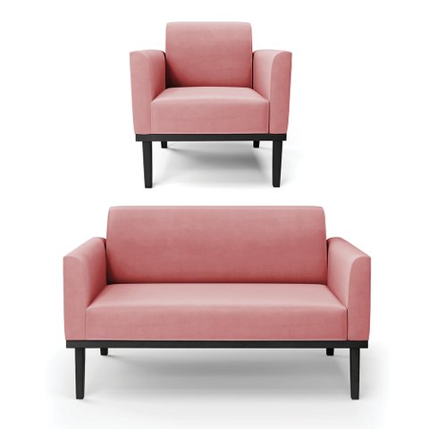 Conjunto Poltrona e Namoradeira Decorativa Isabella Pés Fixo em Madeira Preto Suede Rose G19 - Gran 
