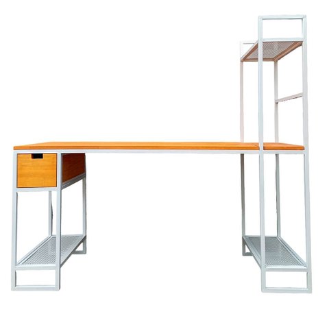 Conjunto para Escritório Industrial Escrivaninha e Estante Lateral Ferro Branco e Madeira Cor Canela