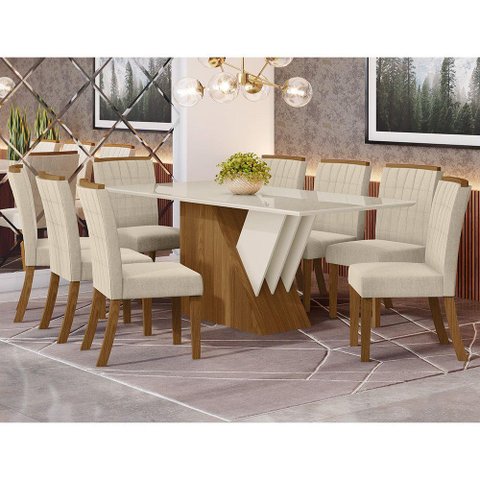 Conjunto Jantar Tampo Mdf Canto Reto Com Vidro 200 Cm 08 Cadeiras Liane Henn Nature Off White Linho