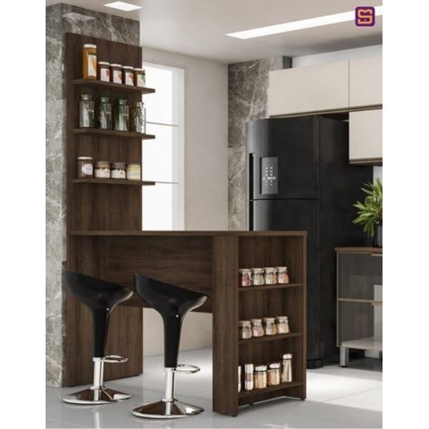 Bancada Gourmet Jade Nogueira Dourado 1,50M com Painel - Linha Suprema Luciane