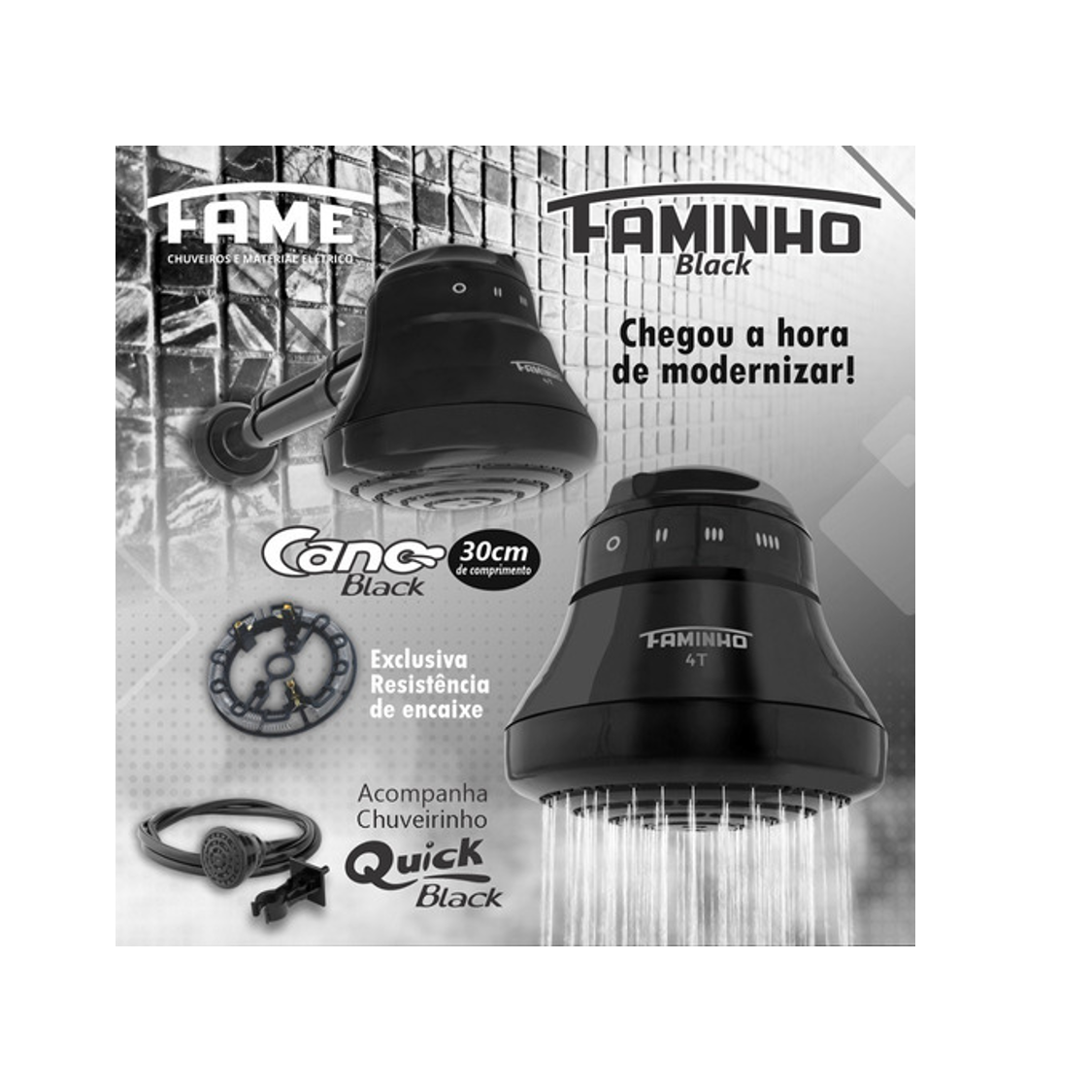 Chuveiro Elétrico Ducha Fame Preto Braço Cano 4t:220v/6800w - 4