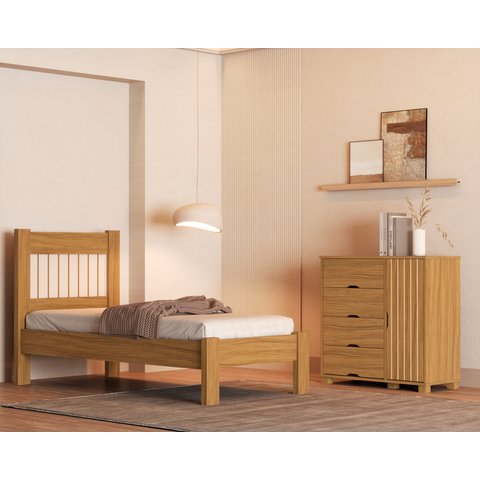 Kit Cama Solteiro + Cômoda 4 Gavetas 1 Porta Sapateira Bela Nature de Mdf Design Moderno Ripado