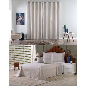 Kit Colcha Cobre Leito Queen + Cortina 3 Metros Tecido Rústico Topázio 6 Peças:bege Avelã