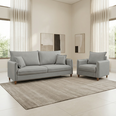 Kit Conjunto Sofá Living Córdoba e Poltrona Tecido Linho Cinza Claro 2,20m
