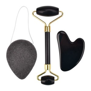 Rolo Massagem Facial Obsidiana Negra + Guasha Coração + Esponja Konjac - Smart Gr