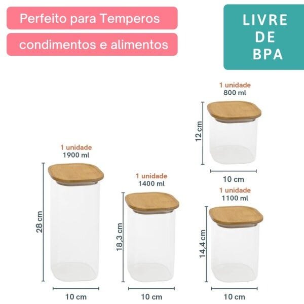 kit 4 Potes Vidro Quadrado 800/1100/1400/1900ml Tampa Bambu - 2