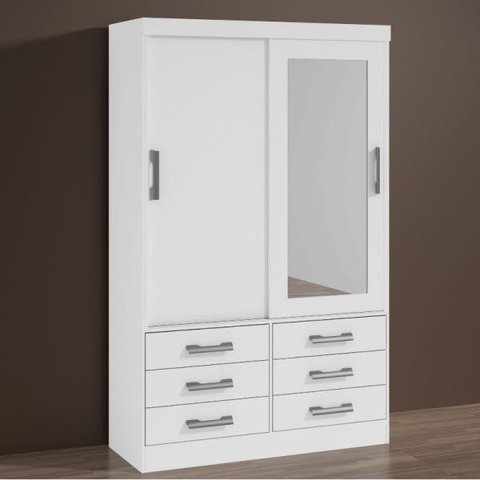 Guarda-roupa Solteiro com Espelho 2 Portas 6 Gavetas Meridian D'doro Branco
