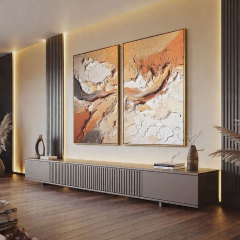 Quadros Abstratos Textura Tons Terrosos Dourado 140x90cm Gigante Canvas Moldura Flutuante