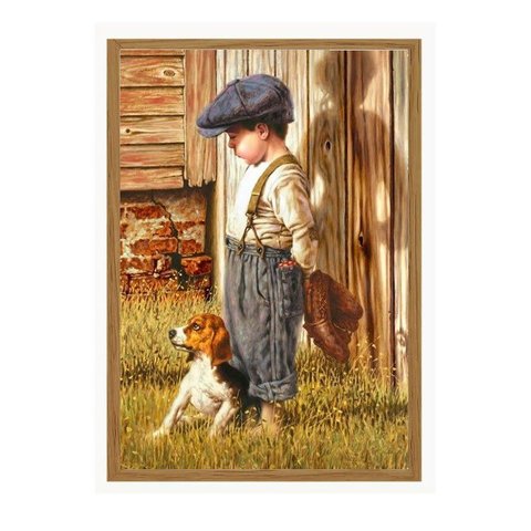 Quadro Moldurado Menino Garoto e Cachorro Pet Criança Decoração de Parede