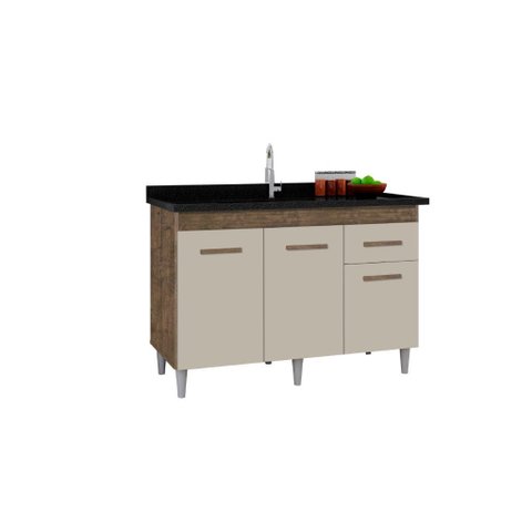 Balcão Armário para Pia de Cozinha 1.20m Ca 3 Portas Cor Canela / Off White