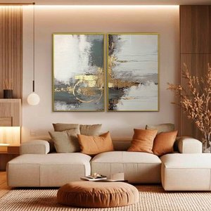 Quadro Decorativo Abstrato Cinza com Dourado Kit 2 Quadros
