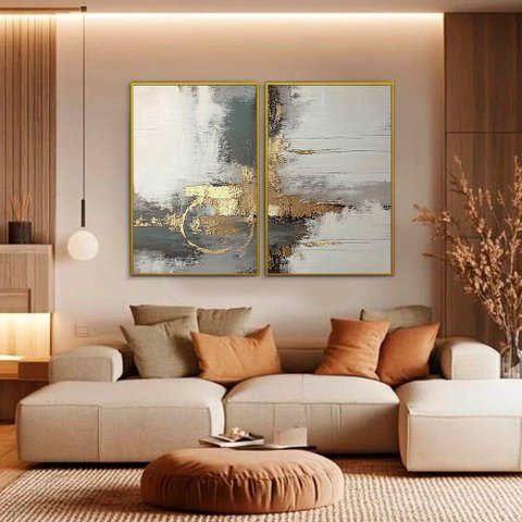 Quadro Decorativo Abstrato Cinza com Dourado Kit 2 Quadros