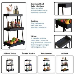 Carrinho Organizador Multiuso 03 Prateleiras P1032 Preto Pp Milani Store Preto - 8