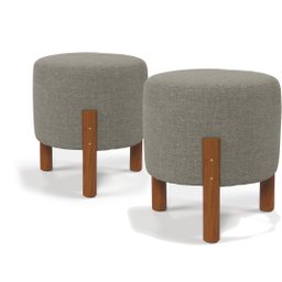 Kit 2 Puff Banqueta Banquinho Redondo Em Linho Cinza Thor Luxo Pés de Madeira - 2