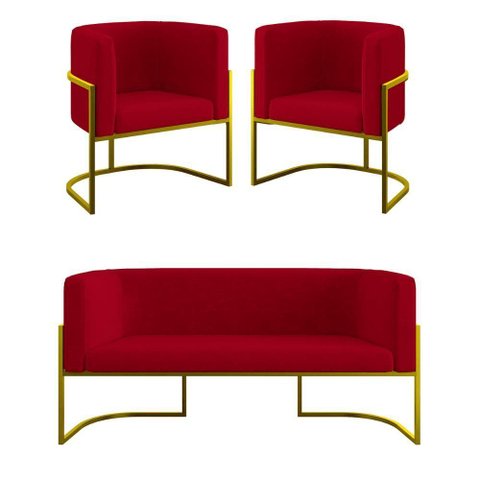 Kit 2 Poltronas + Sofá 2 Lugares Base de Metal Gold Balaqui Vermelho