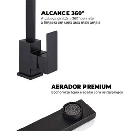 Torneira Gourmet de Cozinha Monocomando Misturador Slim Quadrada Preta - 4