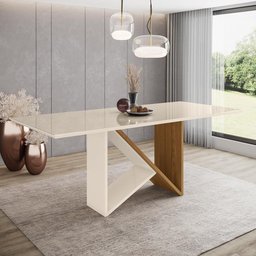 Mesa 200 X 90 Cm Sala de Jantar Cozinha Retangular com Vidro Mdf Branco Off White Madeira Nature - 1