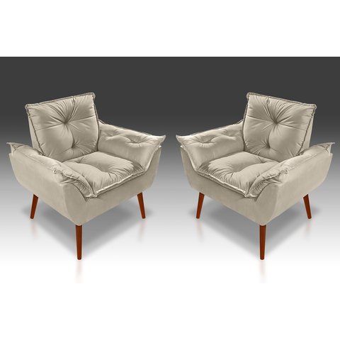 Kit com 2 Poltronas Decorativa Opala Pé Palito com Fibras Siliconada Suede Bege - Casa da Poltrona