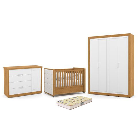Dormitório Tutto New 4 Portas, Cômoda 1 Porta e Berço Freijó/branco Soft com Capitonê e Colchã