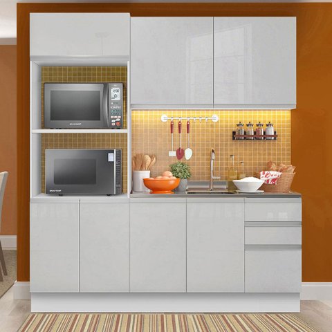 Armário de Cozinha Compacta 100% Mdf Madesa Acordes Xb190001 com Balcão e Torre Portas Branco Brilho