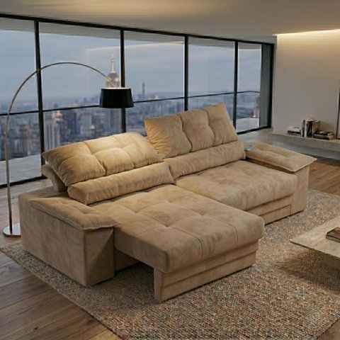 Sofá com Chaise Bariloche 4 Lugares Retrátil e Reclinável 240cm Bege Cia Lar