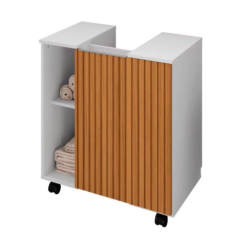 Gabinete para Banheiro 55cm 1 Porta com Rodízios Pequin Branco/ripado - Bechara